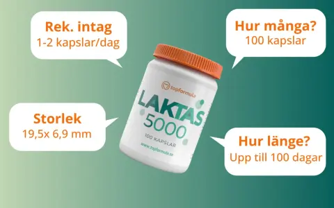 En burk med laktas tabletter, 100 kapslar. Rekommenderat intag 1-2 kapslar/dag. Storlek 19,5x6,9 mm. Räcker upp till 100 dagar.