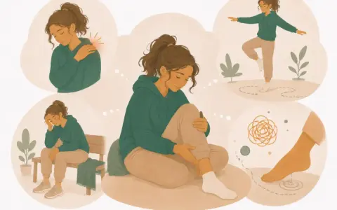 Illustration visar en kvinna med olika besvär, som axelvärk, yrsel och trötthet. Hon försöker balansera, en möjlig hantering av ibs symtom yrsel.