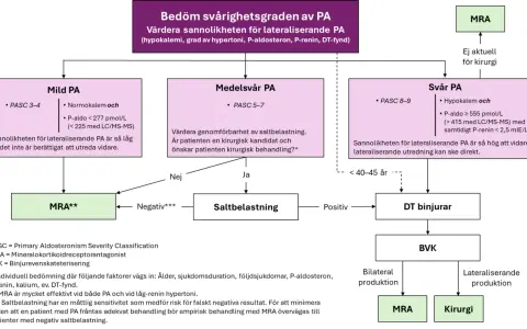 Flödesschema för bedömning av PA. Vid svår PA kan spironolakton (MRA) vara ett alternativ, men biverkningar kan förekomma.