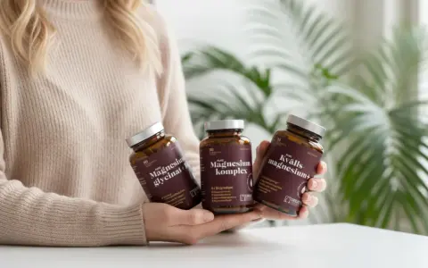Person håller tre burkar med magnesiumtillskott. Frågan "hur många mg magnesium per dag" kan besvaras med hjälp av informationen på burkarna.