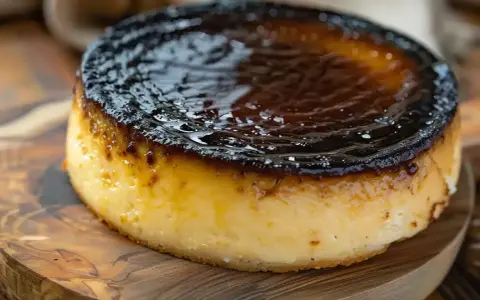 En krämig basque cheesecake med karamelliserad yta, serverad på en träskärbräda.