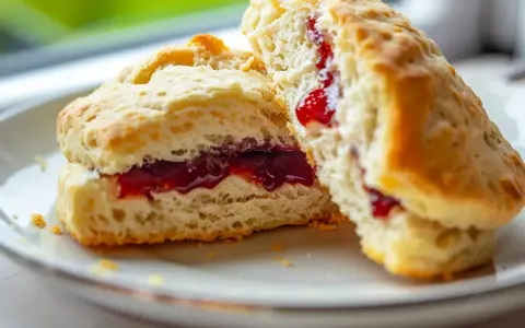 Två fluffiga glutenfria scones med sylt på en vit tallrik. Perfekt för fika.
