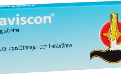 Gaviscon-förpackning med bild av en mage som visar sura uppstötningar. Lindrar sur mage och halsbränna.