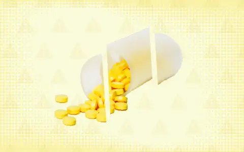 A white pill bottle is cut into pieces, spilling yellow pills onto a yellow background with warning symbols.