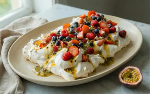 En vacker pavlova med vispgrädde, färska bär och passionsfruktssås. Ett perfekt pavlova recept för sommaren.