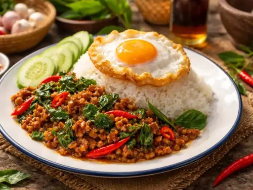 En tallrik med ris, stekt ägg och kryddig pad kra pao med köttfärs, chili och basilika. Serveras med gurkskivor.