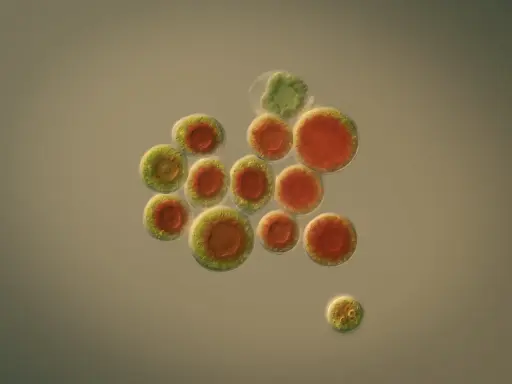 Mikroskopisk bild av Haematococcus pluvialis-alger, rika på astaxantin. Forskning på dessa alger kan leda till nya hälsofördelar.