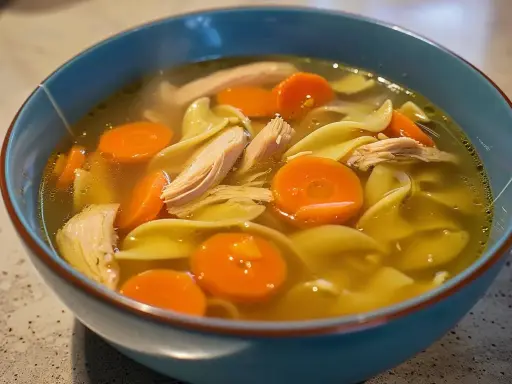 En skål med varm kycklingsoppa med nudlar, morötter och saftiga kycklingbitar. Perfekt för en kall dag.