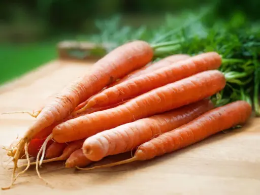 En hög med färska, orange morötter med gröna blastar ligger på en träskärbräda. Dessa nyttiga rotfrukter, som finns i morot, är redo att användas i köket.