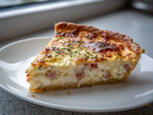 En bit ost och skinkpaj med gyllene skorpa och krämig fyllning, toppad med gräslök. Perfekt för en mysig fika.