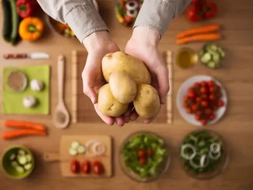 Händer håller färsk potatis, en del av en hälsosam måltid med grönsaker. Potatis nyttigt!