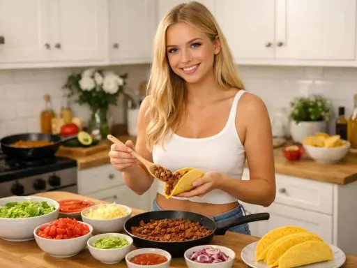 Glad kvinna förbereder tacos med en sked fylld med köttfärs. Runt henne finns skålar med sallad, tomat, ost och lök – allt för ett perfekt tacos recept.