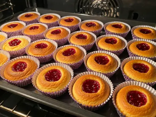 Nybakade hallongrottor i sina lila formar, redo att avnjutas. Ett perfekt hallongrottor recept för fikat.