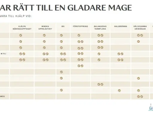 Tabell visar hur olika ämnen, som saltsyra för magen, kan hjälpa vid problem som IBS, förstoppning och uppblåsthet.