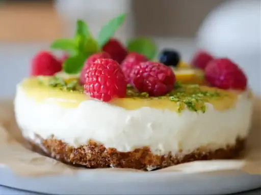 En läcker no bake cheesecake med hallon, citron och mynta. Perfekt för en somrig fika.