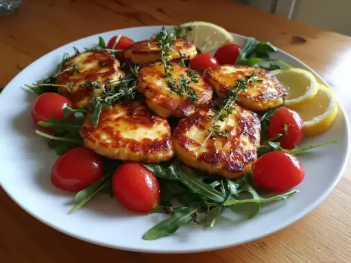 Stekt halloumi med körsbärstomater, ruccola och citron. Ett enkelt och gott halloumi recept som passar perfekt som förrätt eller lätt lunch.
