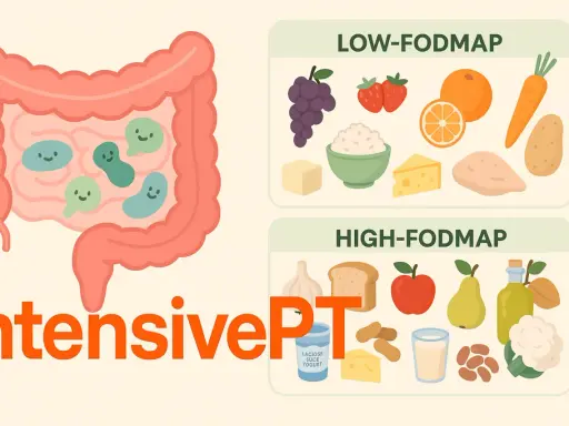 Illustration visar en tarm med glada bakterier och matlistor för low-FODMAP och high-FODMAP, relevant för personer med IBS.
