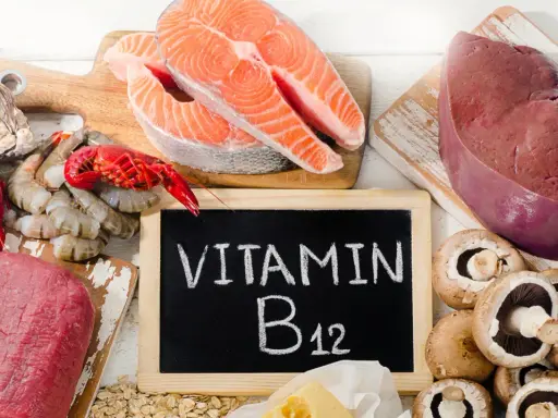 En tavla med texten "VITAMIN B12" omgiven av lax, lever, räkor, ostron, kött och champinjoner.