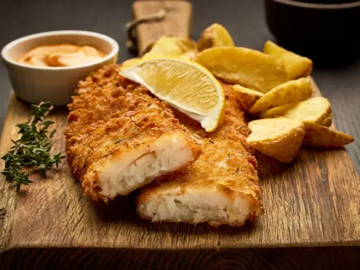 Krispigt panerad fisk med klyftpotatis, citron och en krämig dipp. En klassisk rätt som alltid går hem.
