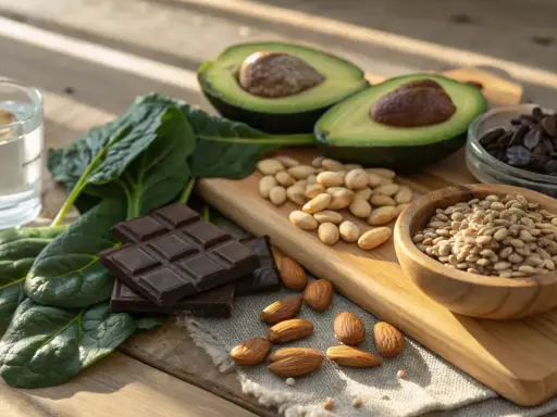 Mörk choklad, spenat, avokado, mandlar och pumpafrön – allt gott som innehåller mat magnesium.
