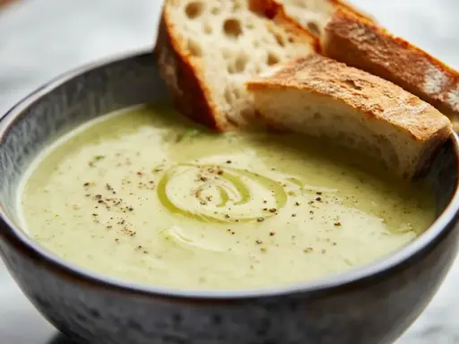 Krämig broccolisoppa med en virvel av olivolja och nymalen svartpeppar, serverad med rostat bröd. Ett perfekt broccolisoppa recept för en mysig kväll.