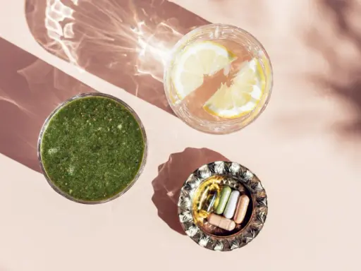 Grön smoothie, citronvatten och kapslar med spårämnen i en vacker ljusmiljö.