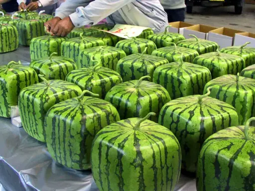 Rader av fyrkantiga vattenmeloner, redo att packas. Hoppas ingen får ont i magen av vattenmelon!