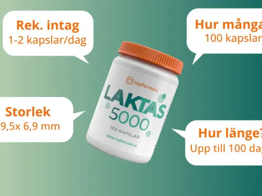 En burk med laktas tabletter, 100 kapslar. Rekommenderat intag 1-2 kapslar/dag. Storlek 19,5x6,9 mm. Räcker upp till 100 dagar.