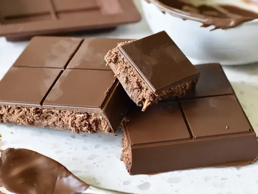 En fransk chokladtårta med krispig fyllning av kokos och choklad. En bit är uppbruten och visar den läckra insidan.