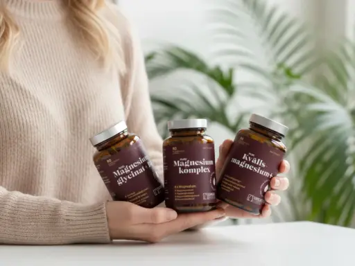 Person håller tre burkar med magnesiumtillskott. Frågan "hur många mg magnesium per dag" kan besvaras med hjälp av informationen på burkarna.