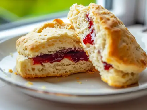 Två fluffiga glutenfria scones med sylt på en vit tallrik. Perfekt för fika.