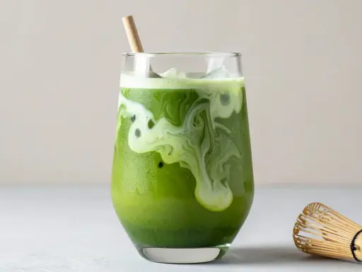 En krämig islatte med virvlande mönster, en bambuvisp bredvid. Matcha nyttigt och gott!