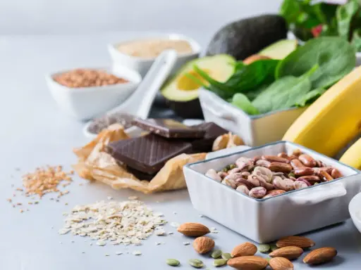 Bönor, nötter, bananer och mörk choklad – livsmedel rika på magnesium som kan hjälpa mot muskelryckningar vid magnesiumbrist.