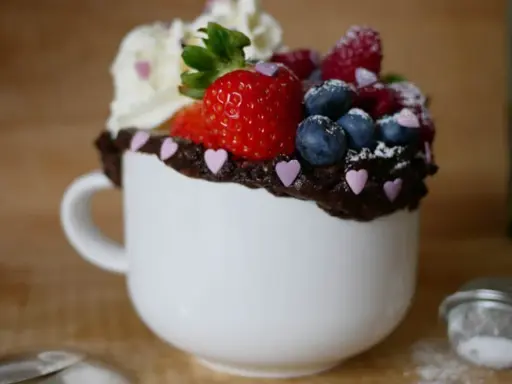 En härlig mug cake toppad med vispgrädde, jordgubbar, blåbär och hallon. Perfekt för en snabb fika!