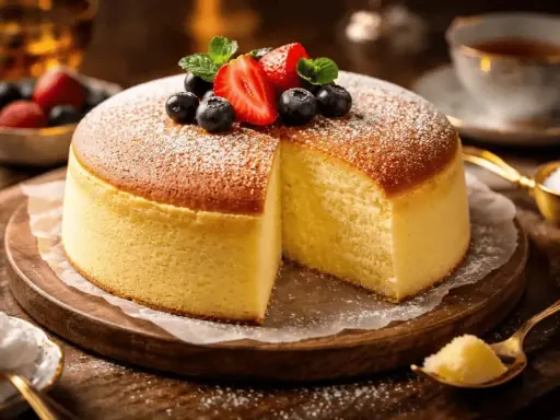 Lätt och fluffig cheesecake, perfekt för ett somrigt cheesecake recept. Toppad med färska bär och pudersocker.