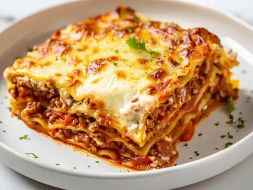 En saftig bit lasagne med köttfärssås och ost, perfekt för ett mysigt middagsrecept.
