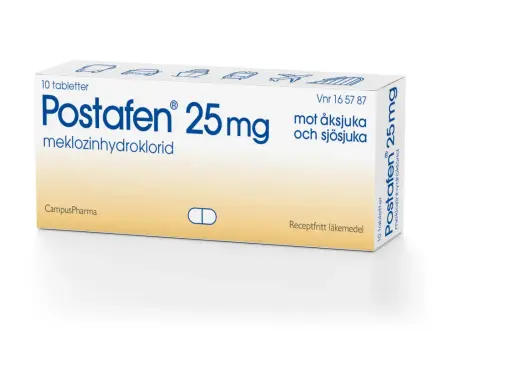 Postafen 25mg, receptfritt medicin mot illamående vid åksjuka och sjösjuka. 10 tabletter.