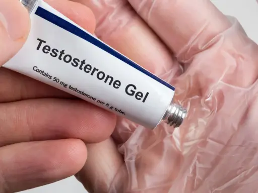 En hand i plasthandske håller en tub med testosterongel. Kan detta vara testosteron receptfritt?