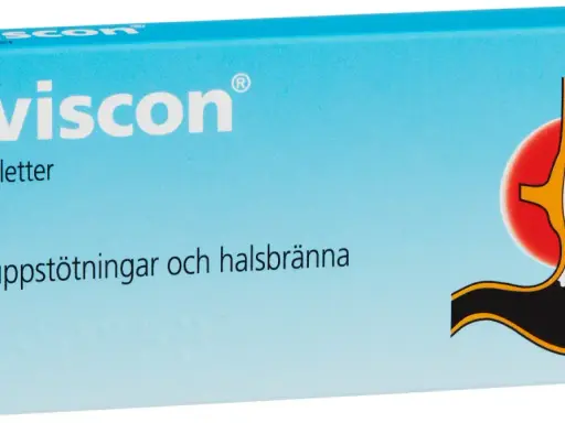 Gaviscon-förpackning med bild av en mage som visar sura uppstötningar. Lindrar sur mage och halsbränna.