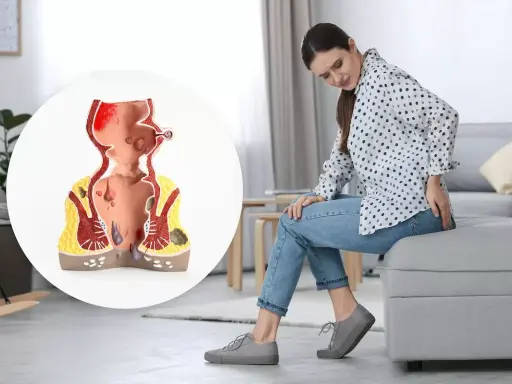 Kvinna med obehag som visar en modell av ändtarmen med hemorrojder och blod.