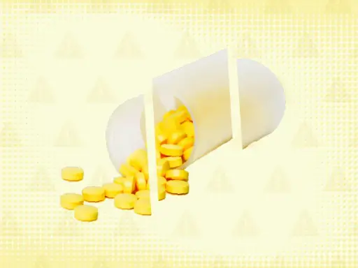 A white pill bottle is cut into pieces, spilling yellow pills onto a yellow background with warning symbols.