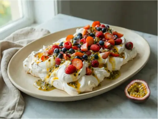 En vacker pavlova med vispgrädde, färska bär och passionsfruktssås. Ett perfekt pavlova recept för sommaren.