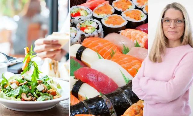 En kvinna med glasögon ler, bredvid en stor bricka med sushi och en sallad. Kanske en IBS-vänlig måltid?