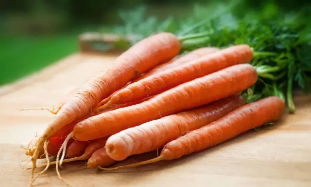 En hög med färska, orange morötter med gröna blastar ligger på en träskärbräda. Dessa nyttiga rotfrukter, som finns i morot, är redo att användas i köket.