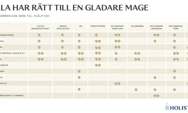 Tabell visar hur olika ämnen, som saltsyra för magen, kan hjälpa vid problem som IBS, förstoppning och uppblåsthet.