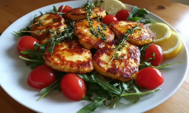 Stekt halloumi med körsbärstomater, ruccola och citron. Ett enkelt och gott halloumi recept som passar perfekt som förrätt eller lätt lunch.