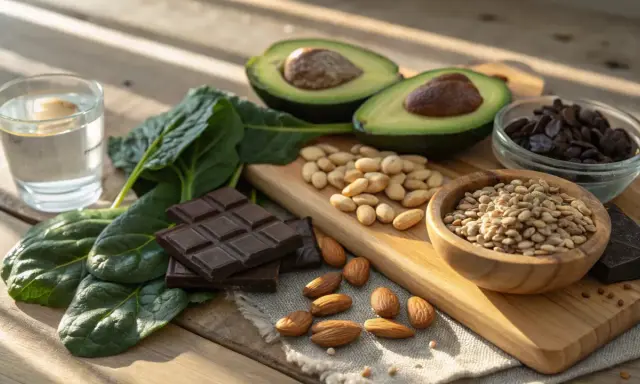 Mörk choklad, spenat, avokado, mandlar och pumpafrön – allt gott som innehåller mat magnesium.