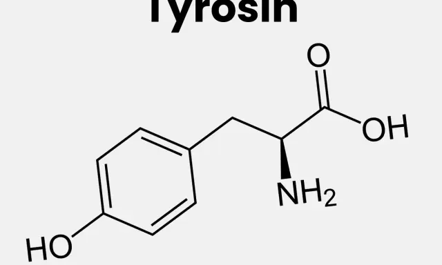 Kemisk struktur för tyrosin. Brist på tyrosin kan ge symtom som trötthet och koncentrationssvårigheter.