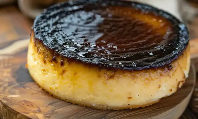 En krämig basque cheesecake med karamelliserad yta, serverad på en träskärbräda.