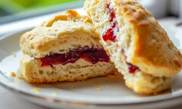 Två fluffiga glutenfria scones med sylt på en vit tallrik. Perfekt för fika.